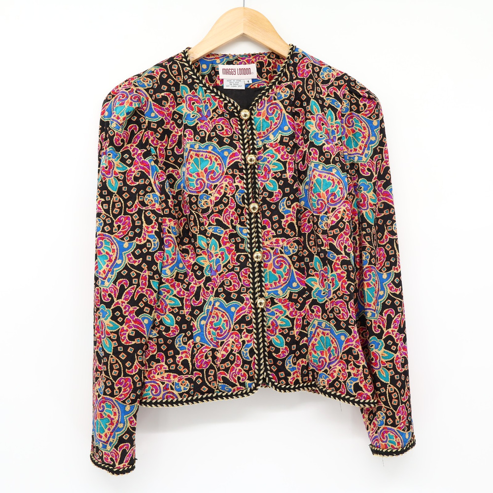 Maggy London Sz 4 Vintage 80s Colorful Silk Print Light Jacket Art to Wear